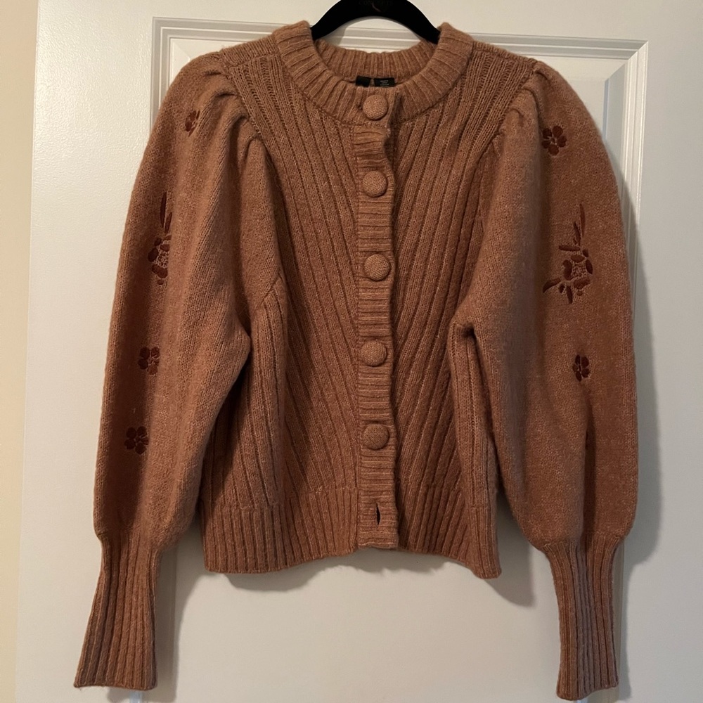 Y.A.S embroidered volume sleeve cardigan in camel/rose.
